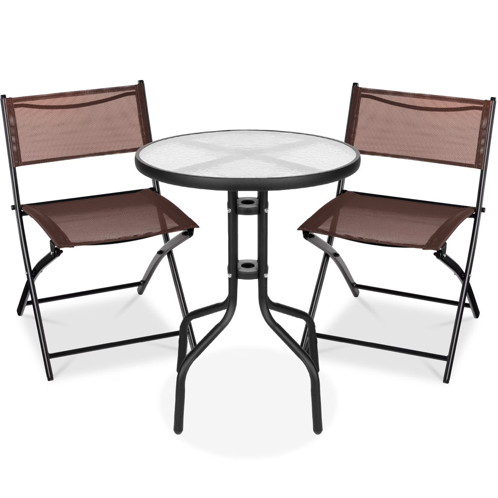Best Choice Products 3-Piece Patio Bistro Dining Furniture Set w/ Glass Tabletop, Folding Chairs - Gray