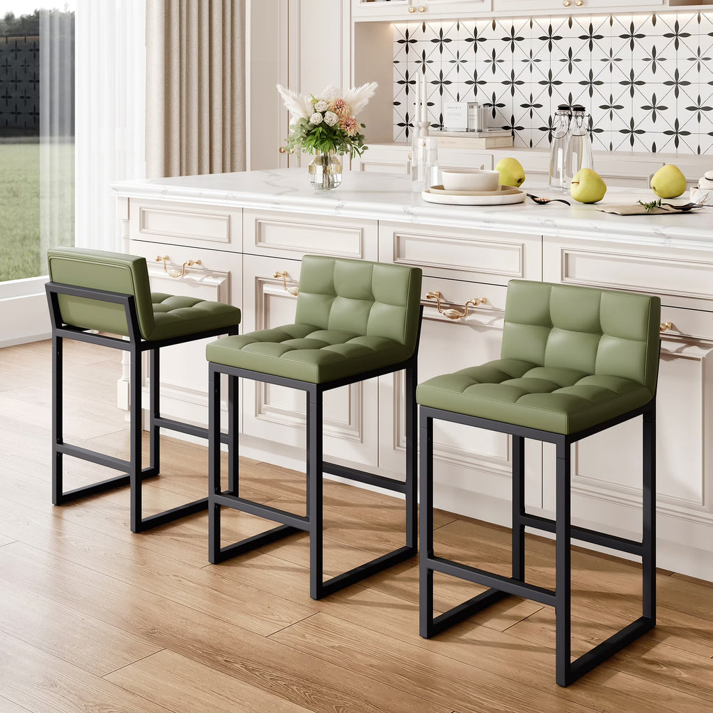 FIRAVOE Bar Stools Set of 3, Counter Height Bar Stools (Low Back)(Thickened Frame) 26" PU Leather Barstools Bar Chairs for Kitchen Island, Black