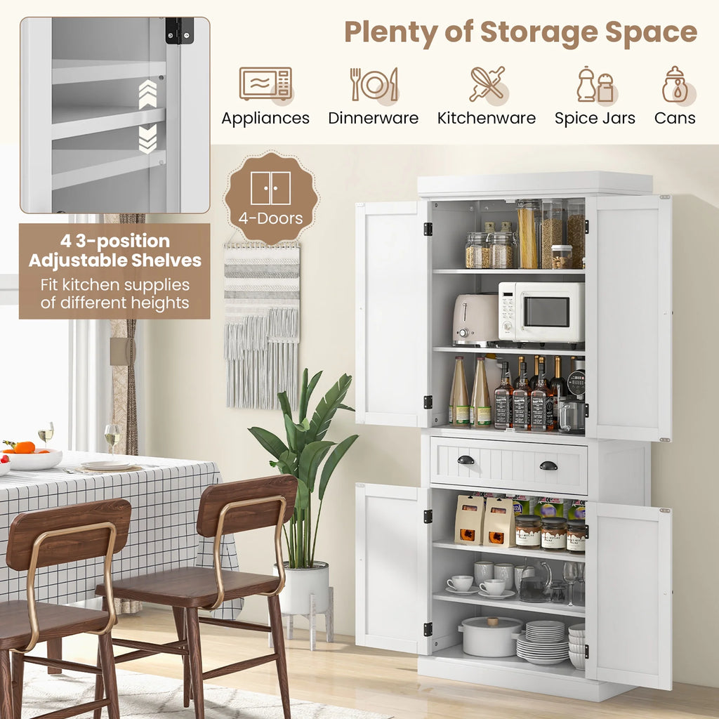 Gymax 72'' Kitchen Pantry Storage Cabinet Tall Freestanding Cupboard w/ 4 Doors Large Drawer White