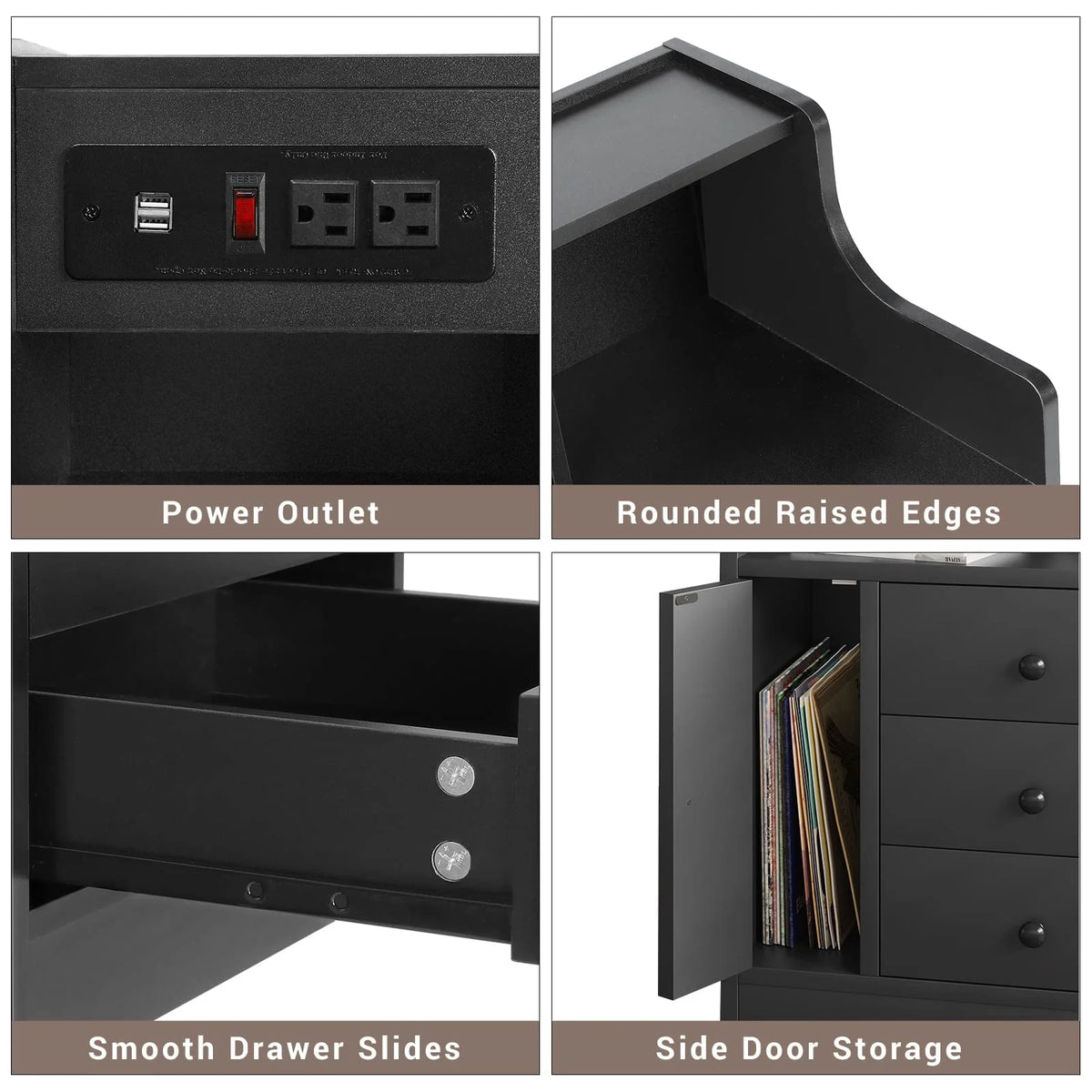 Nightstand with 3 Storage Drawers and Hutch, Black Night Stand with Charging Station End Side Table with 1 Door, Modern Bedside Table for Bedroom