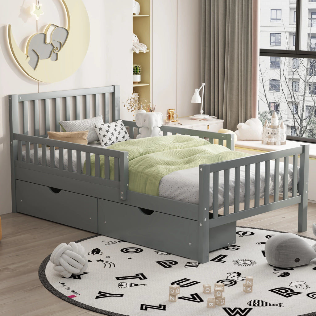 Bellemave Twin Bed with Storage Drawers and Fence Rails, Wood Platform Beds Frame with Headboard, Twin Size Storage Bed for Kids Boys Girls Teens White)