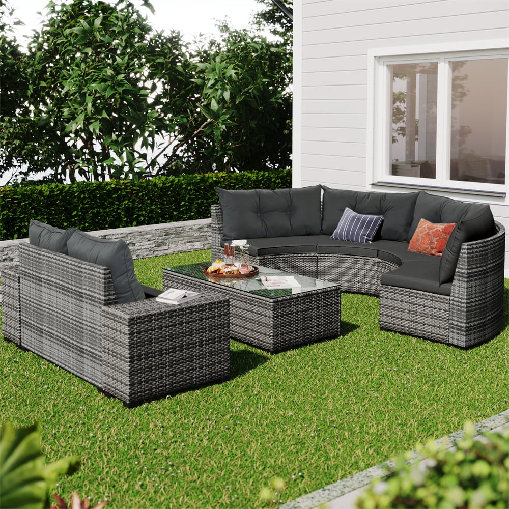8 Pieces Outdoor Wicker Round Furniture Set, All Weather Half-Moon Sectional Patio Sofa Sets with Rectangular Coffee Table, Beige