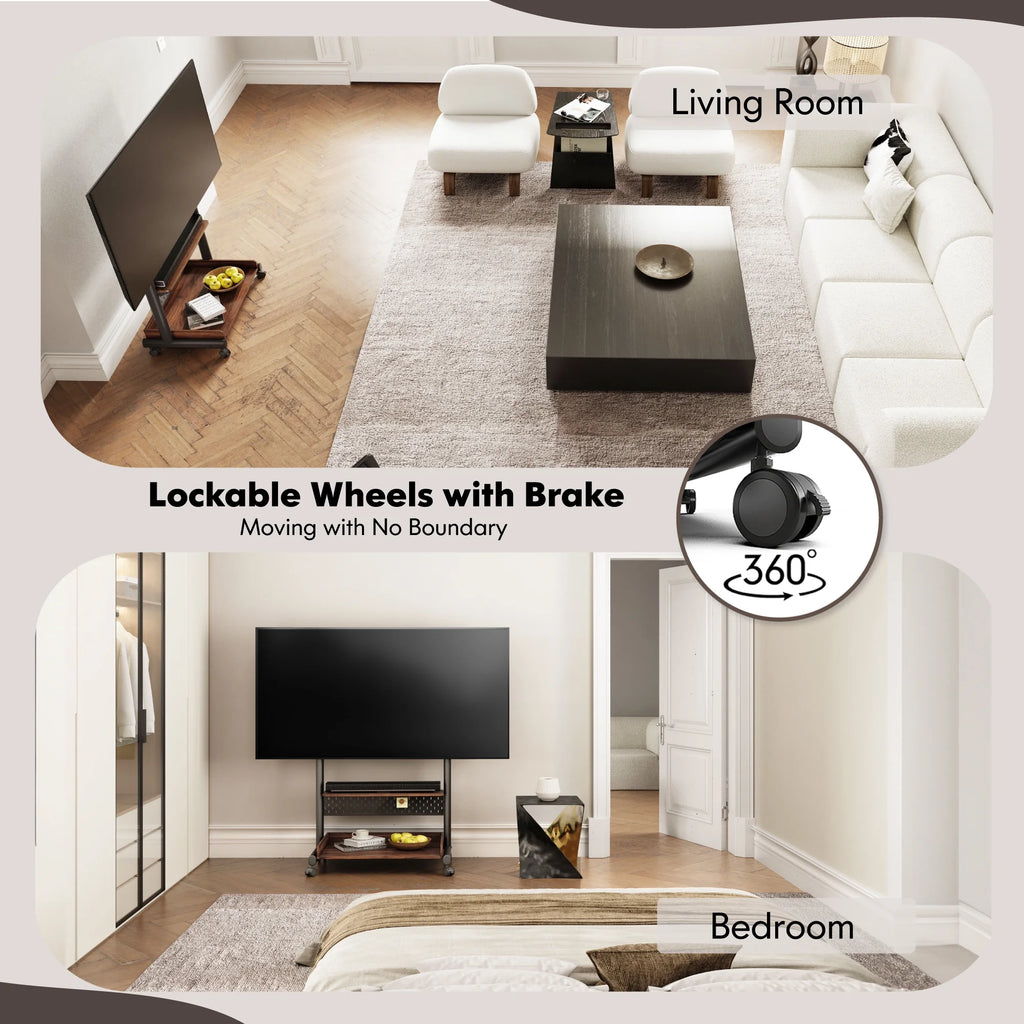 FITUEYES Rolling TV Stand with Wheels for 40-85 inch TVs, Height Adjustable Mobile TV Stand TV cart with Wooden Large Storage,White
