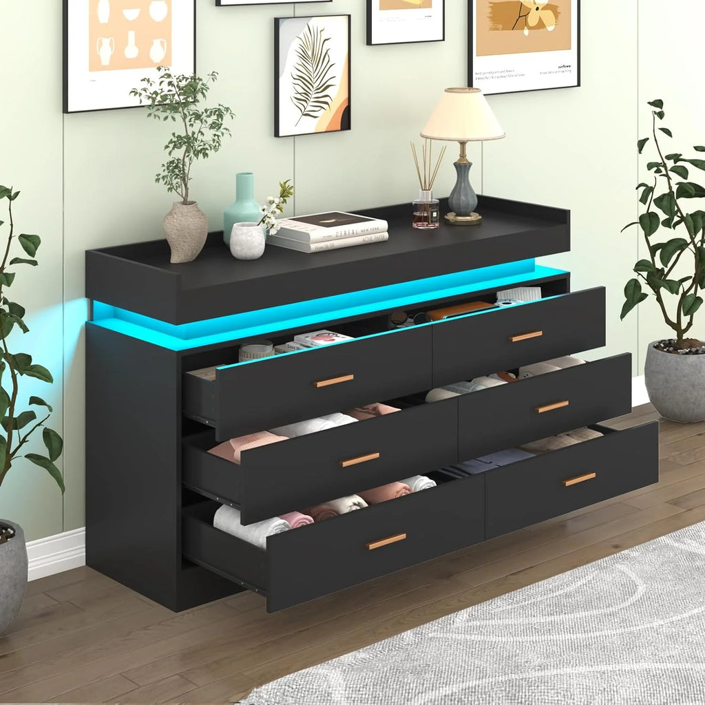 ChVans White Dresser with LED Light and Charging Station, Modern Wood Dresser with Wide Drawers and Metal Handles, 6 drawer dresser for Bedroom, Living Room, Entryway, Hallway