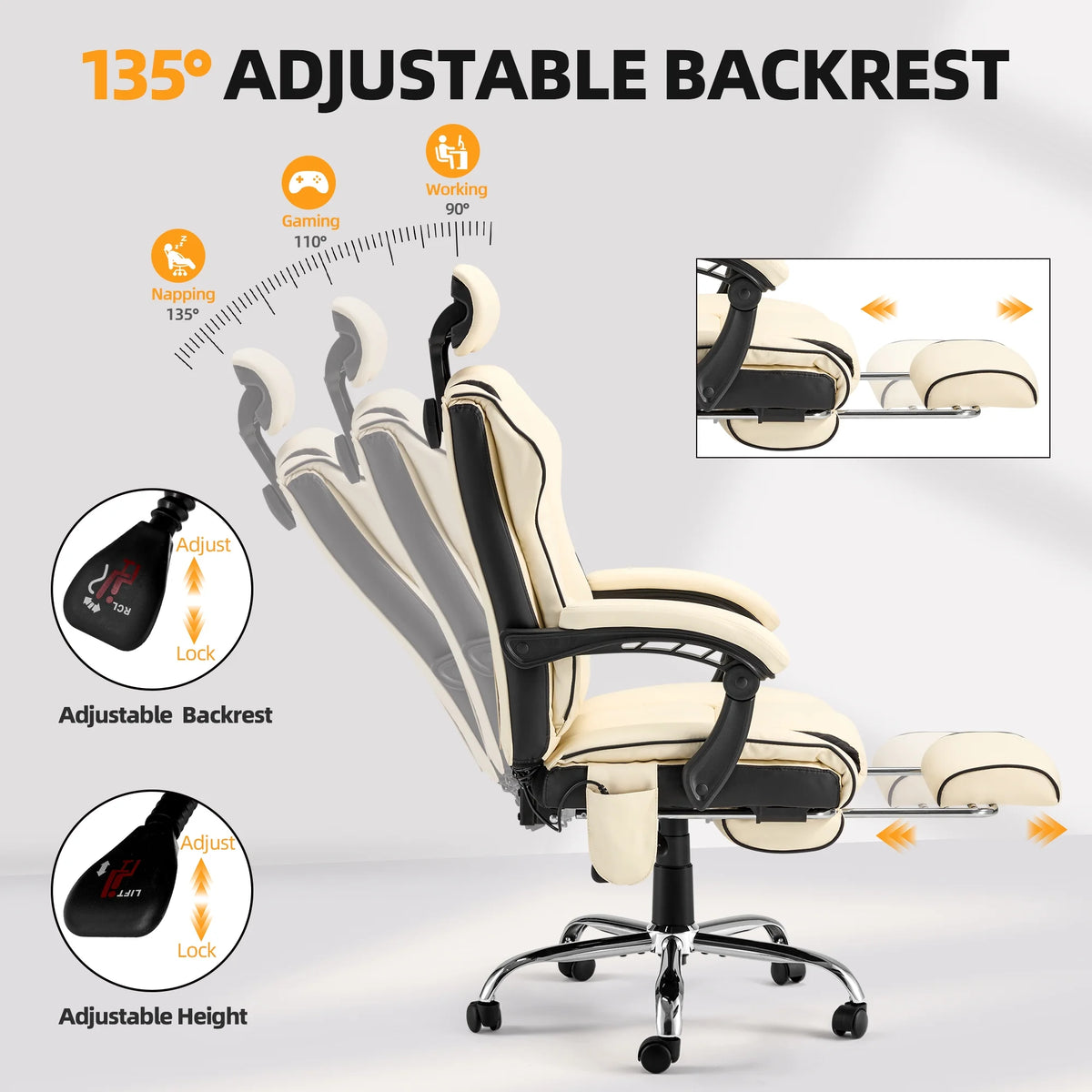 HOMREST 6-Point Massage Office Chair with Footrest, Heated Executive Office Chair with Reclining Backrest, Ergonomic Gaming Chair with Padded Armrest, Off-White