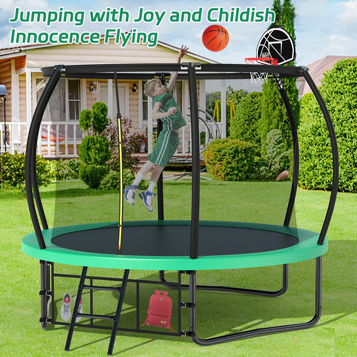 Netrum 10ft Kids Trampoline with Basketball Hoop, Outdoor Trampolines with Enclosure Net,Ladder, 880Lbs Trampoline for 4 Kids Green