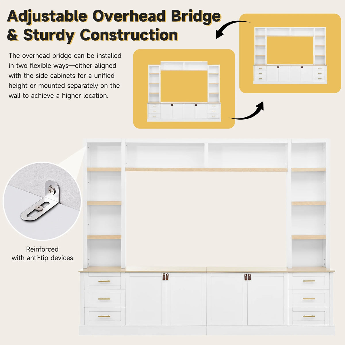Euroco 102.3"W Farmhouse 4-Piece Entertainment Center Wall Unit with Adjustable Shelf, Modern Large TV Stand with Bookshelves