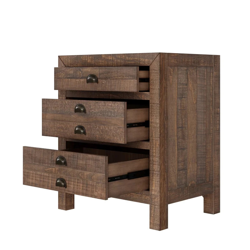 Rustic Farmhouse Style Three-Drawer Solid Pine Wood Nightstand  Set of 2,with Cup Pulls and Integrated Charge Station