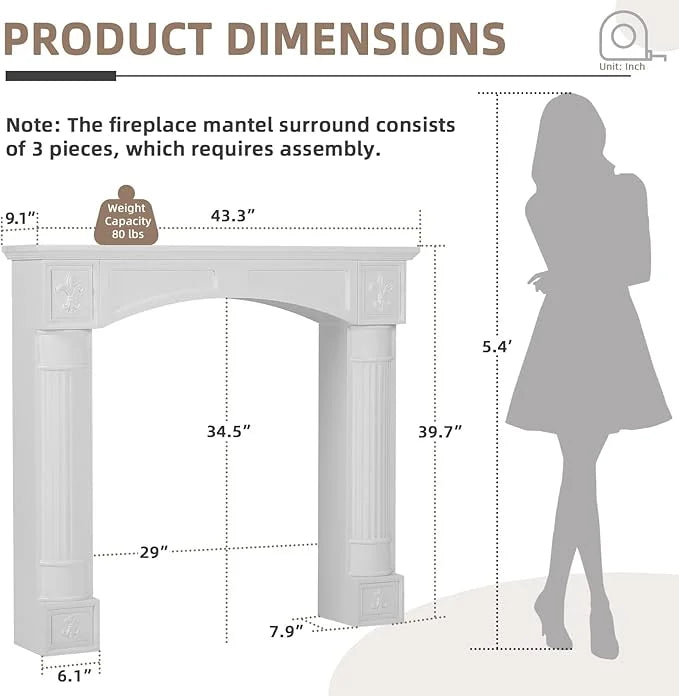 EPICOZY 43.3" Fireplace Mantel, Freestanding Fireplace Surround with Leg for Electric Fireplaces, MDF Mantel Surround with Shelf for Living Room with Decorative Pattern, Anti-Tipping & Waterproof