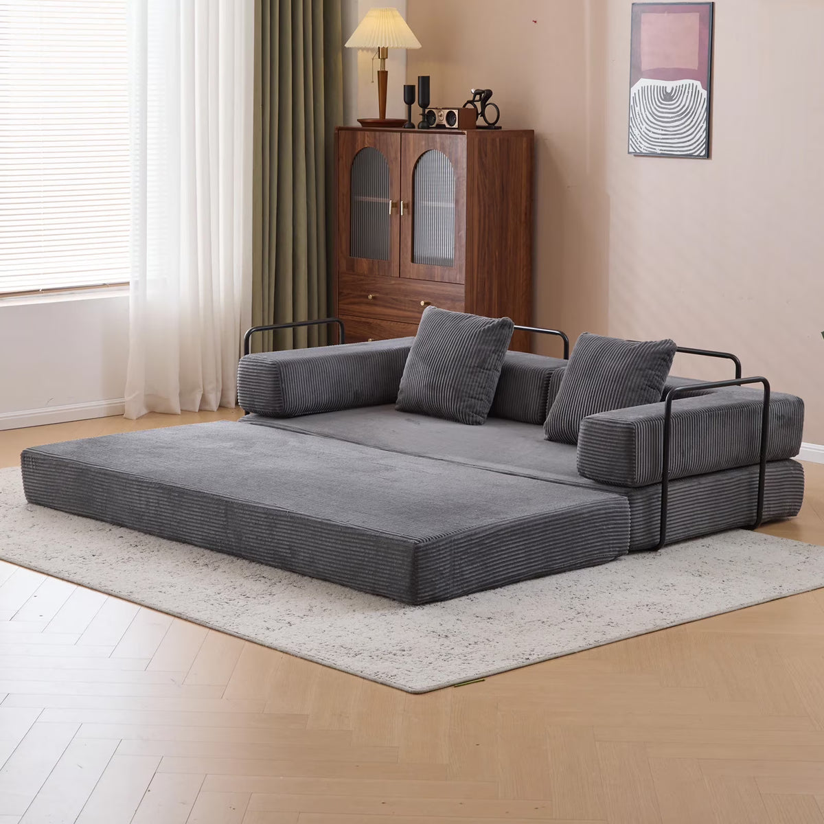 Taicans Convertible Floor Sofa Bed - 3 Seats Foldable Corduroy Futon Couch w/Pillow Support,Space-Saving Guest Bed for Living Room,Dorm,No Assembly Compressible Foam Mattress (Gray,76.7Inch L)