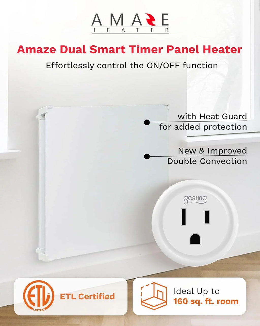 Amaze Heaters Dual Smart 400W Energy Efficient Space Heater w/Heat Guard & Wall Mount Kit - 24 x24 Paintable & Silent Indoor Electric Heater - For Up to 160 sq ft Rooms Such as Bedroom & Bathroom