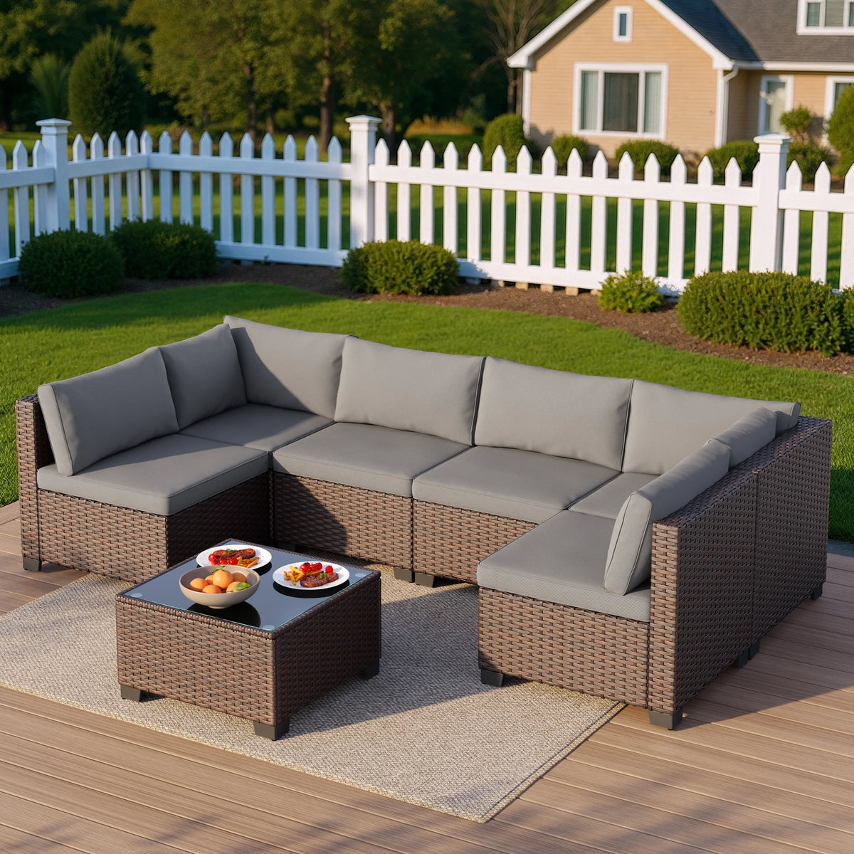 Aiho 7-Piece Rattan Patio Furniture Set , Outdoor Sectional Furniture Set for Patio, Garden, Backyard, Grey