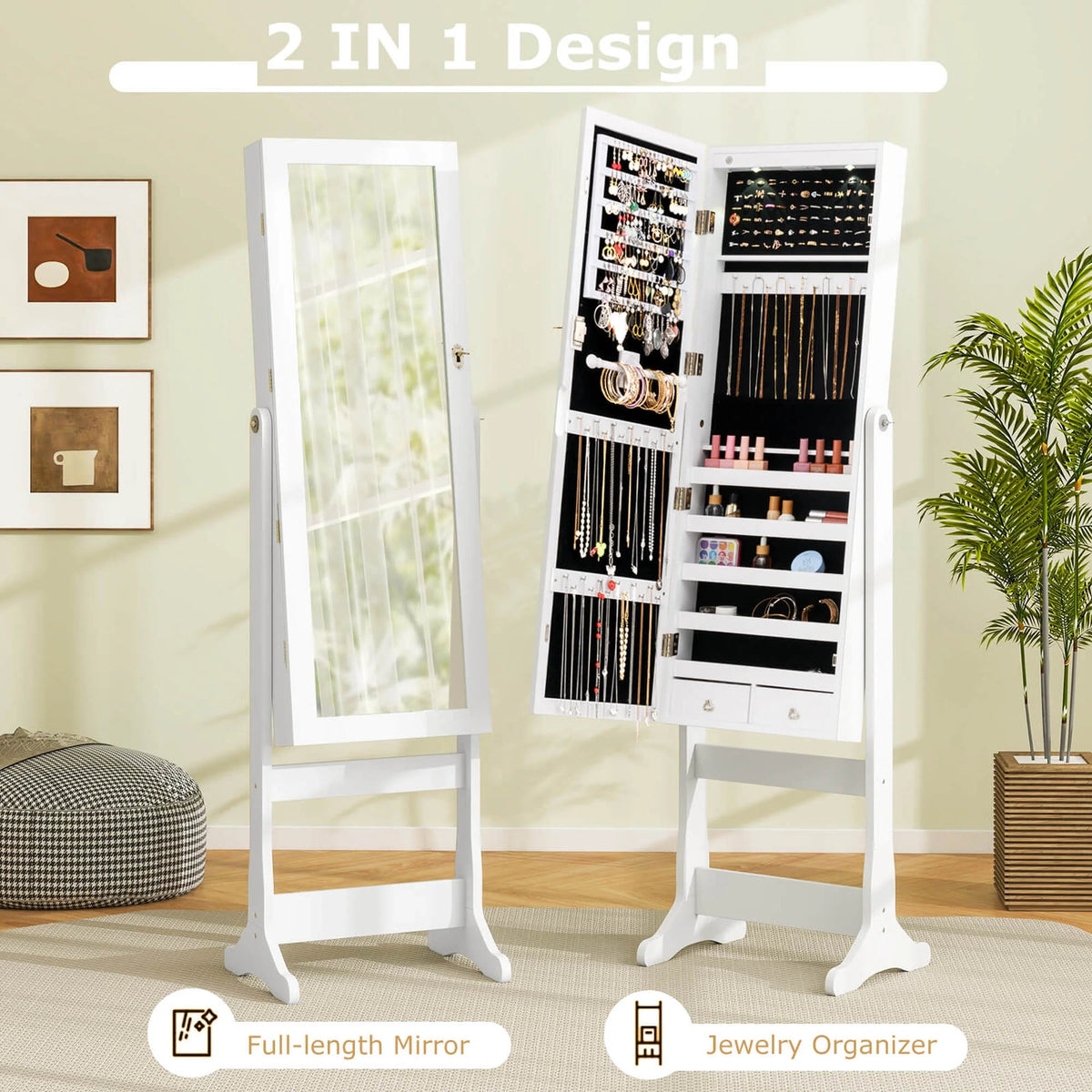 Costway Contemporary MDF Jewelry Cabinet with LED Lights in Brown