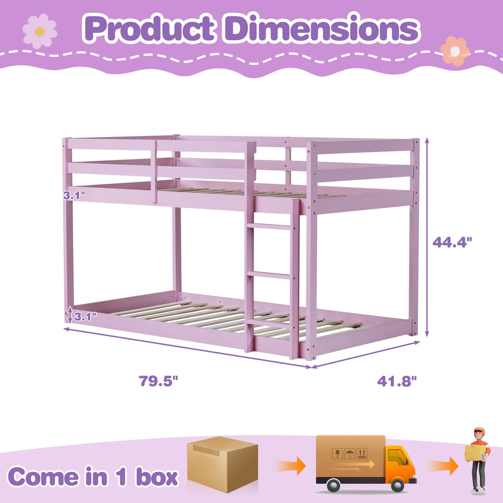 SESSLIFE Bunk Bed Twin Over Twin, Low Floor Bunk Bed with Guard Rails for Dorm, Small Space, No Box Spring Needed(White)