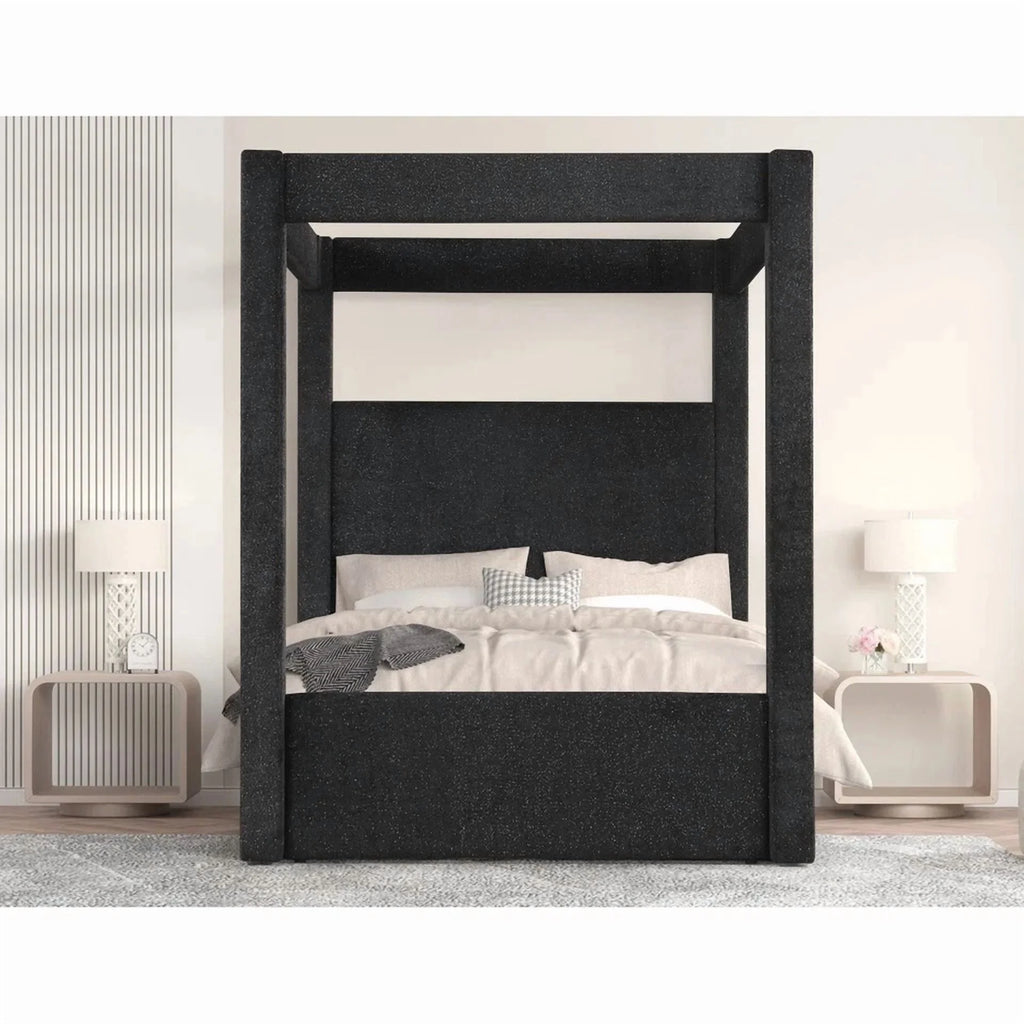 Modern Black Upholstered Canopy Bed California King Size Platform Bed, Bedroom Furniture Wooden Bed