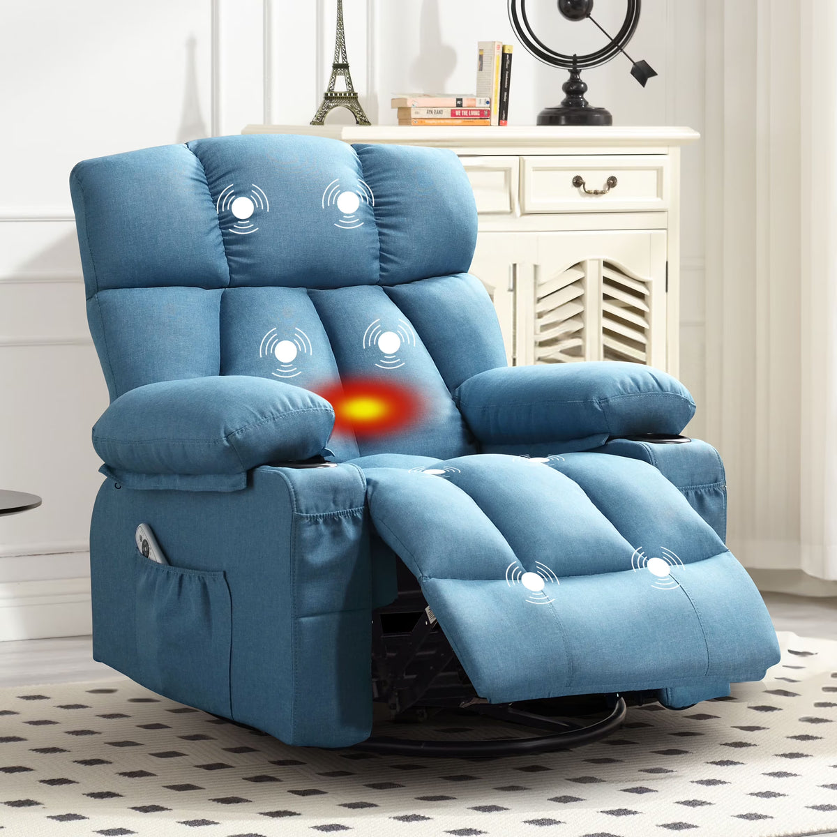 JONPONY Manual Recliner Chair with Heat Therapy and Massage Function, Heavy Duty Reclining Mechanism Massage Chair, Elderly Single Rocker Sofa with Cup Holders for Bedroom Home Theater,Grey