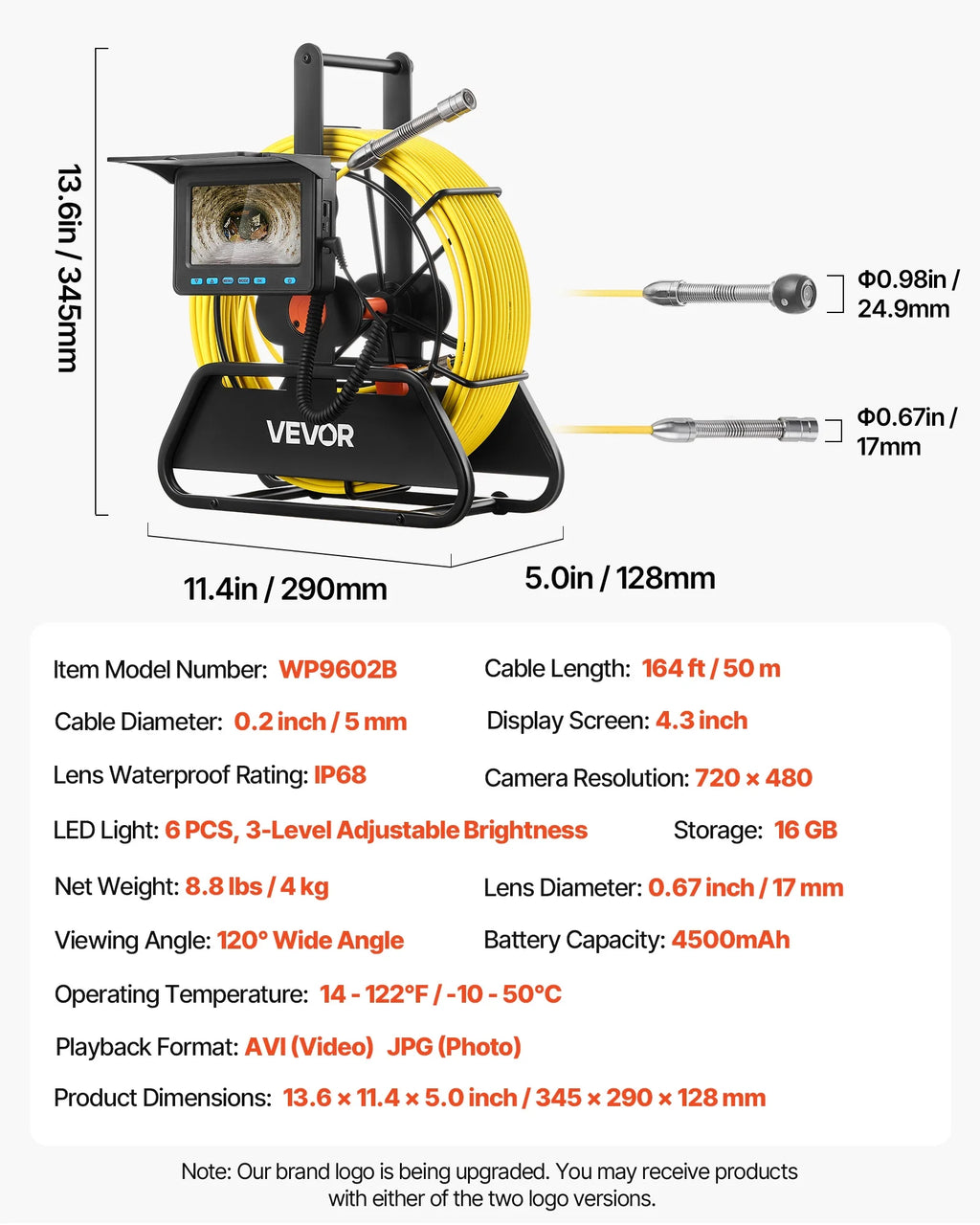 VEVOR Sewer Camera, 164 ft/50m, 4.3" Drain Inspection Camera, IP68 Waterproof Snake Plumbing Camera with Lights - 6 Adjustable LEDs, 4500mAh Battery & 16GB Card for Sewer Line Duct Pipes