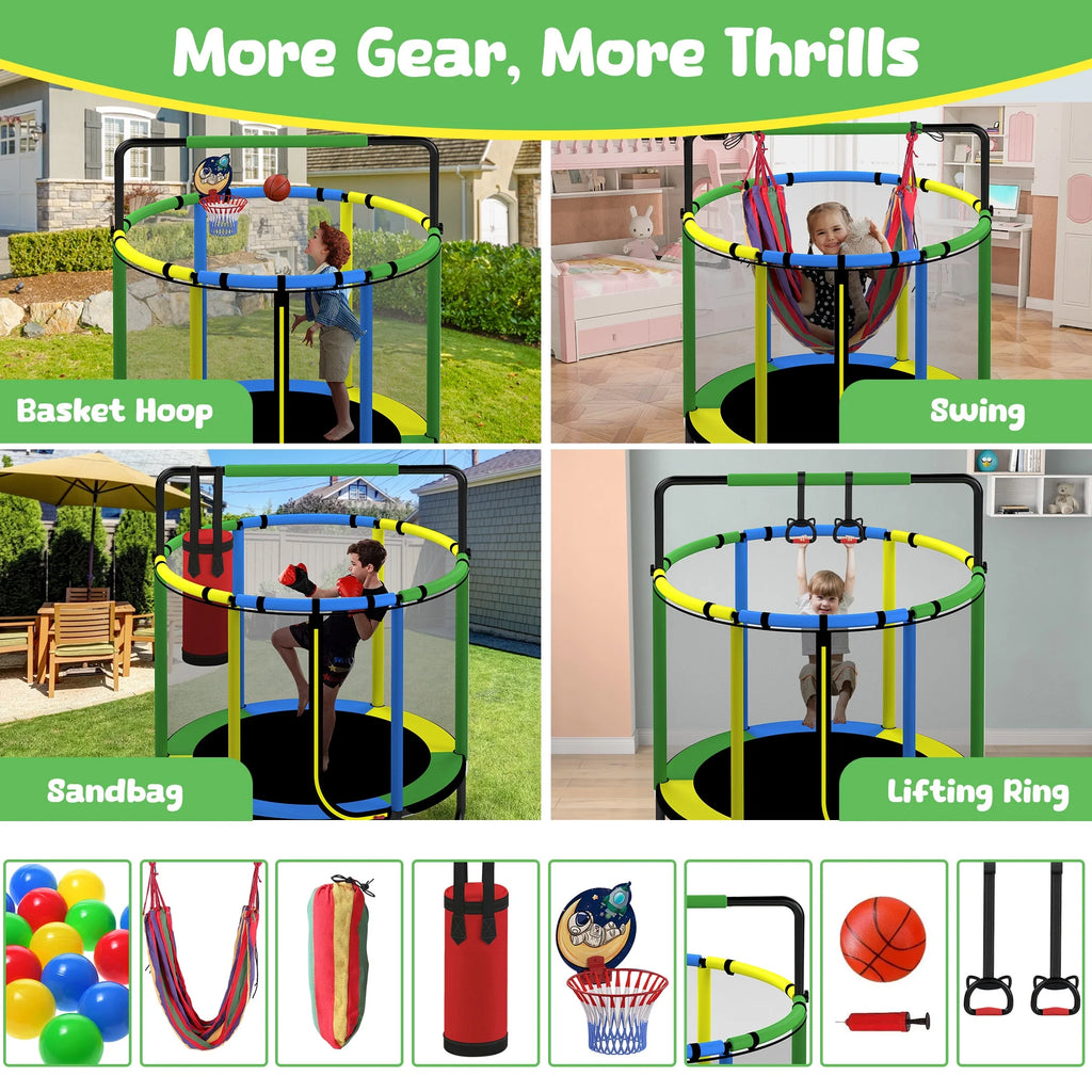 Mini Round Trampoline for Kids with Basketball Hoop, SEGMART 55'' Indoor Outdoor Toddler Trampoline with Enclosure Net, Swing, Sandbag, Ring, Ocean Balls, Small Trampoline Gift for Boys Girls, Blue