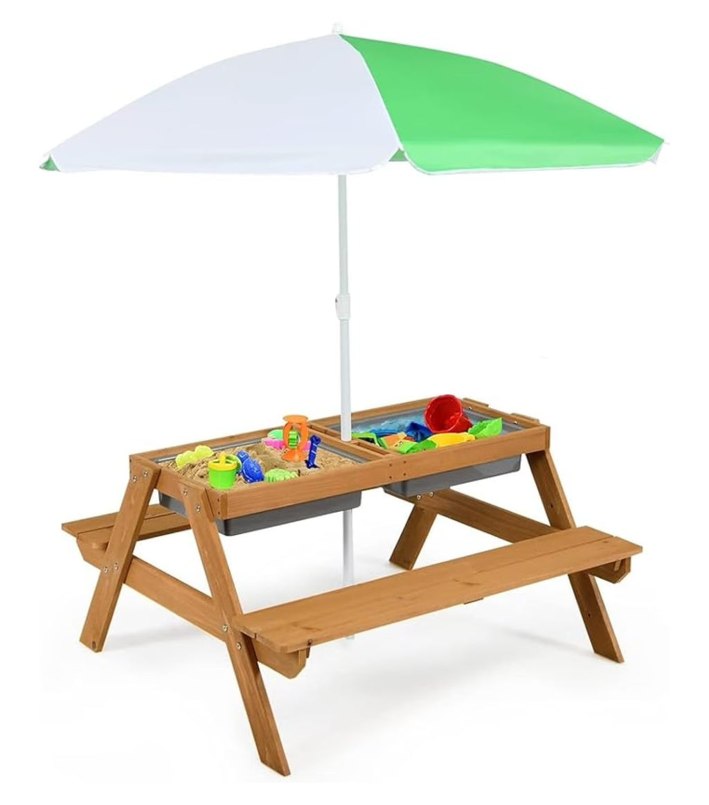 Kids Picnic Table, 4-in-1 Cedar Wooden Sand & Water Table w/ Umbrella, Outdoor Patio Furniture Set for Toddlers, Backyard Garden Play