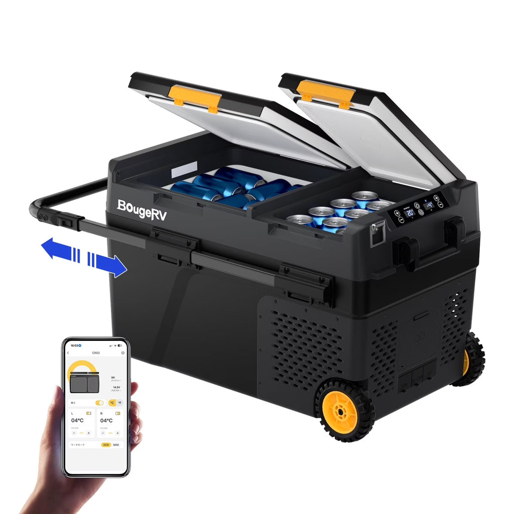 BougeRV Car Refrigerator 61QT Dual Zone, 12 Volt Portable Freezer Fridge with Wheels, APP Control Compressor Refrigerator 12V/24V DC for RV Truck Vehicle Boat Outdoor Travel Camping Trip Use