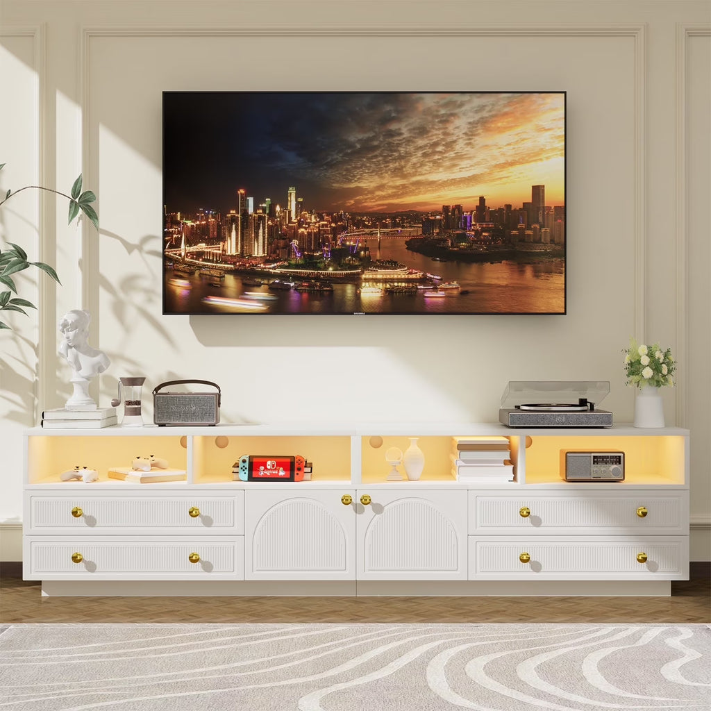 Planntonneo Mid-Century Modern Fluted TV Stand Wooden Media Console Entertainment Center for Living Room, Walnut Color