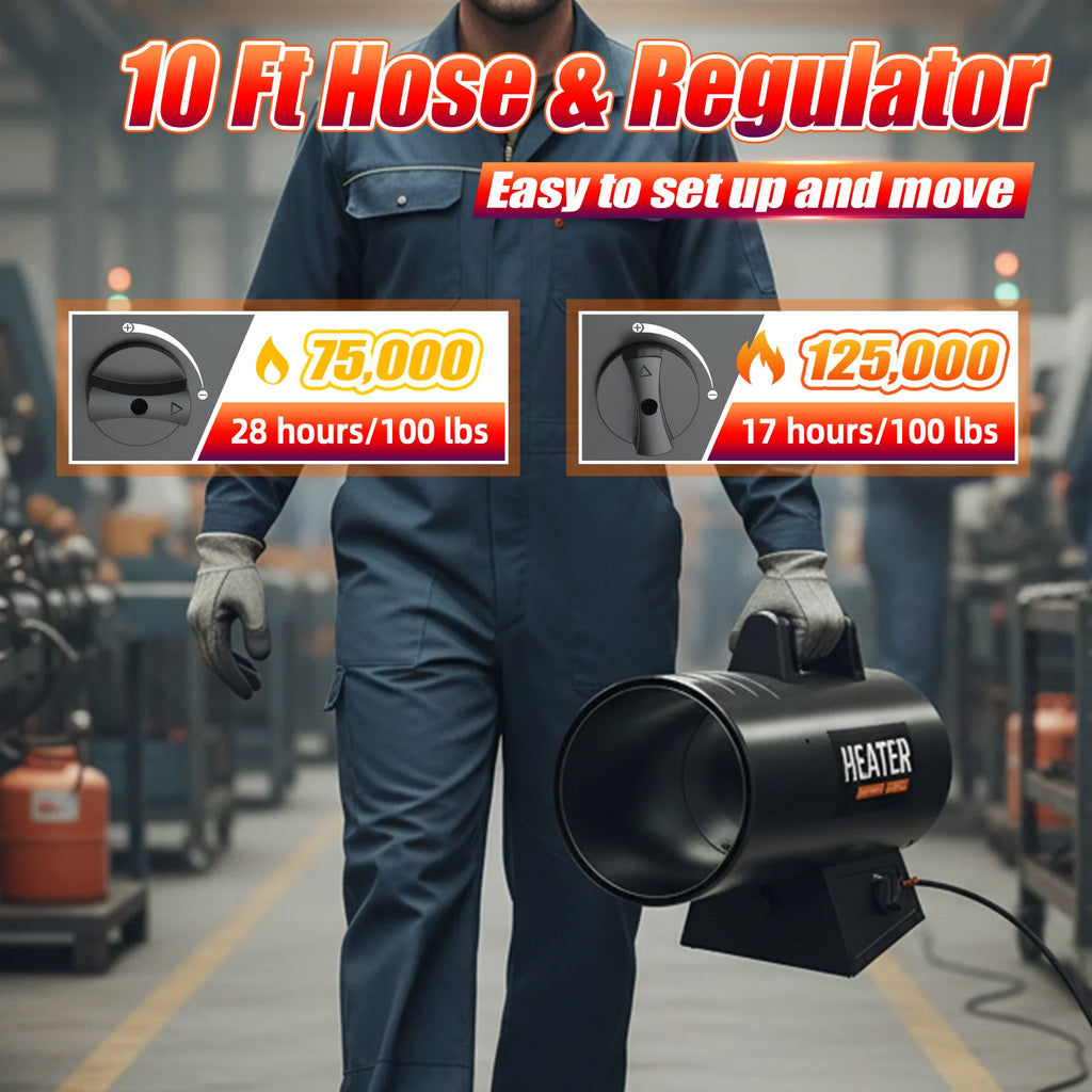 125,000 BTU Forced Air Propane Heater, Adjustable Portable Torpedo Heater for Garage, Jobsite and Construction Sites - 10ft Hose
