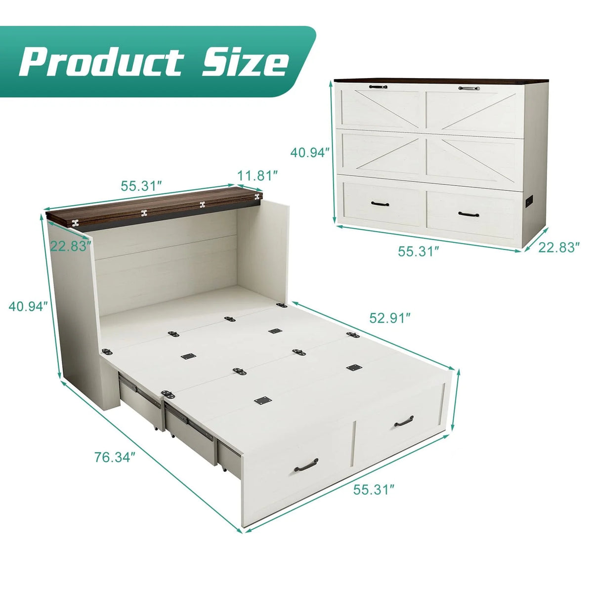 ANPOO Full Size Murphy Chest Bed with Drawer and Power Outlets, Farmhouse Wood Hidden Folding Bed Chest w/2 Storage Drawers, Multifunctional Storage Cabinet Bed for Bedroom,White