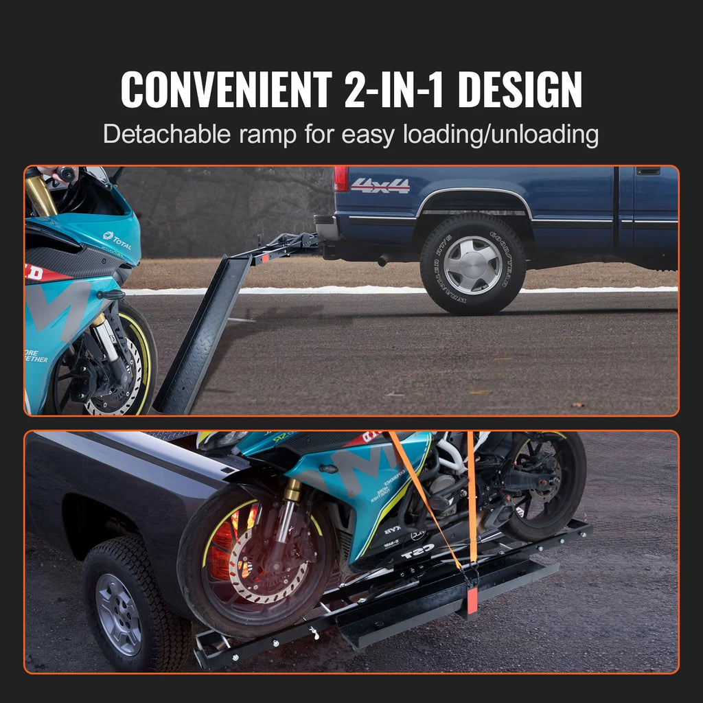 KFFKFF Steel Motorcycle Hitch Carrier, 600 LBS Capacity, Includes Ramp, Ratchet Straps & Stabilizer, Fits 2" Hitch Receivers on Cars & Trucks