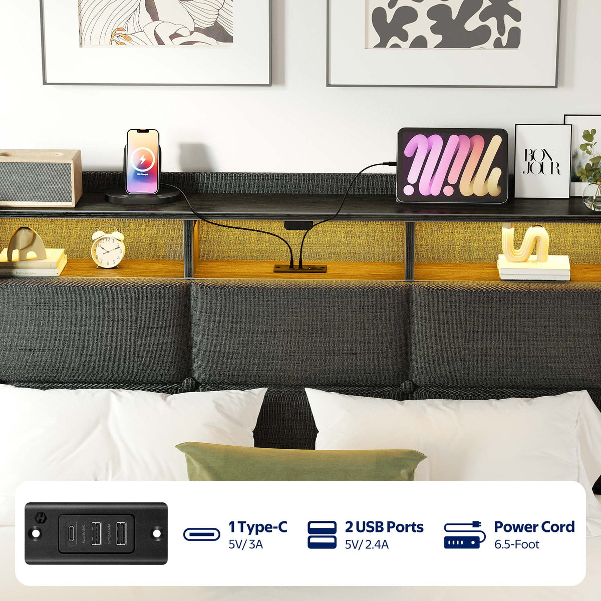 Greenstell Twin Size Lift up Hydraulic Platform Storage Bed Frame with Led Light & Charging Station, Fabric Channel Wingback Headboard, Dark Gray