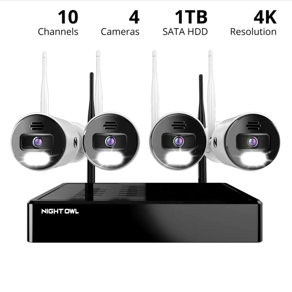 Night Owl 10 Channel 4K Bluetooth Wi-Fi NVR with 1TB Hard Drive and 4 Wi-Fi IP 4K Spotlight Cameras with 2-Way Audio and Audio Alerts and Sirens