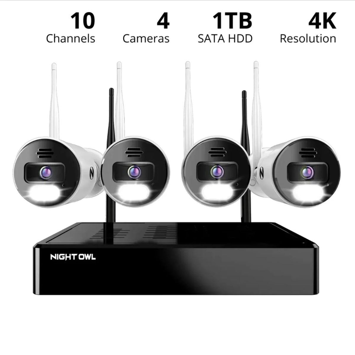 Night Owl 10 Channel 4K Bluetooth Wi-Fi NVR with 1TB Hard Drive and 4 Wi-Fi IP 4K Spotlight Cameras with 2-Way Audio and Audio Alerts and Sirens
