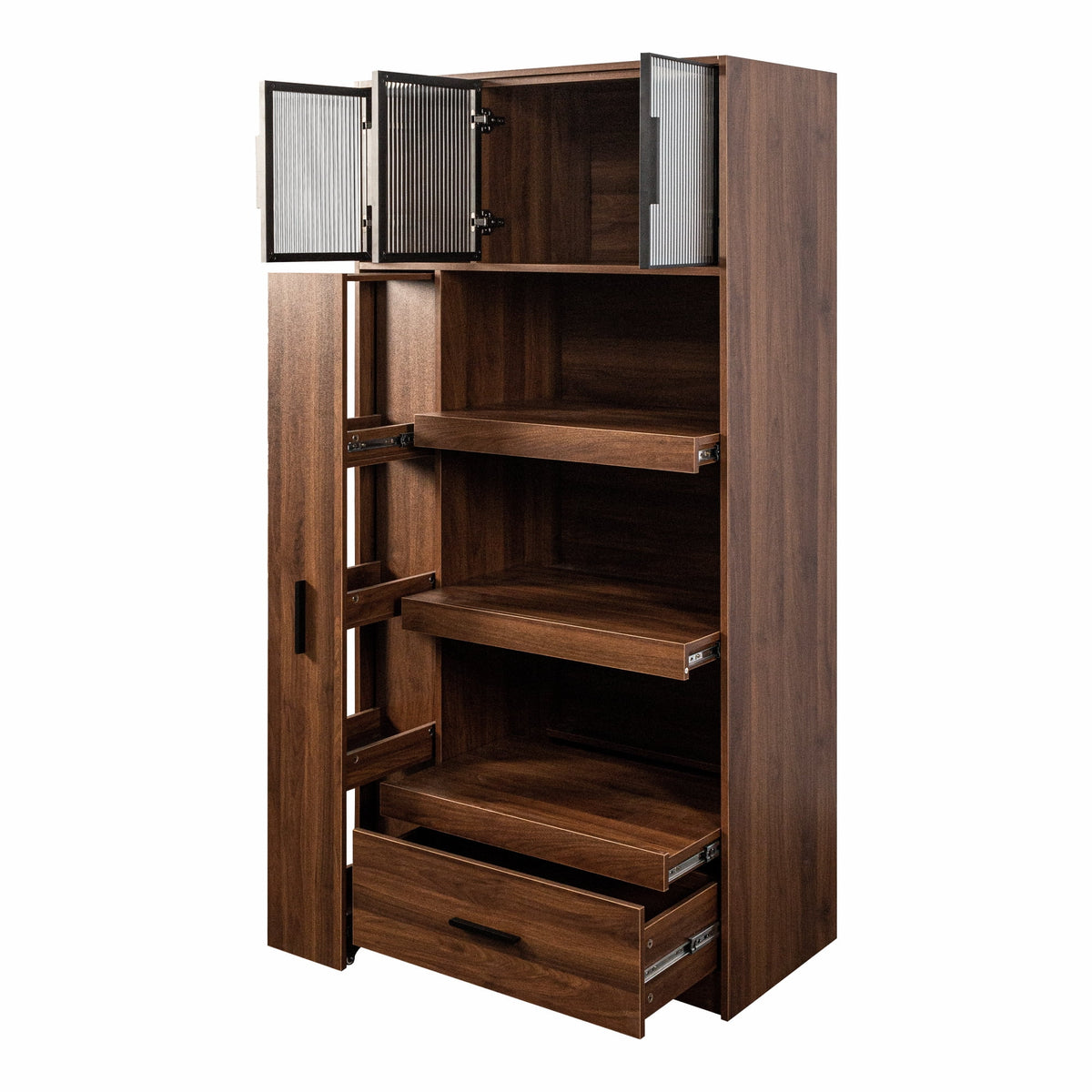 Kitchen Pantry Cabinet w/4-Tier Storage Cart, 2 Drawers & 2 Glass Doors, Tall Storage Cabinet w/Shelves