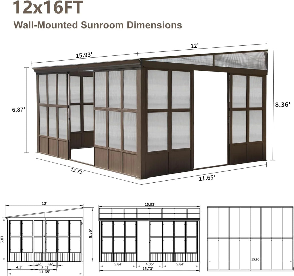 Domi Outdoor Living 10' x 12' Hardtop Lean-to Gazebo, Wall-Mounted with Galvanized Steel Roof Wall Pergola with Aluminum Frame, Curtains and Netting, for Patio, Deck, Garden, Backyard