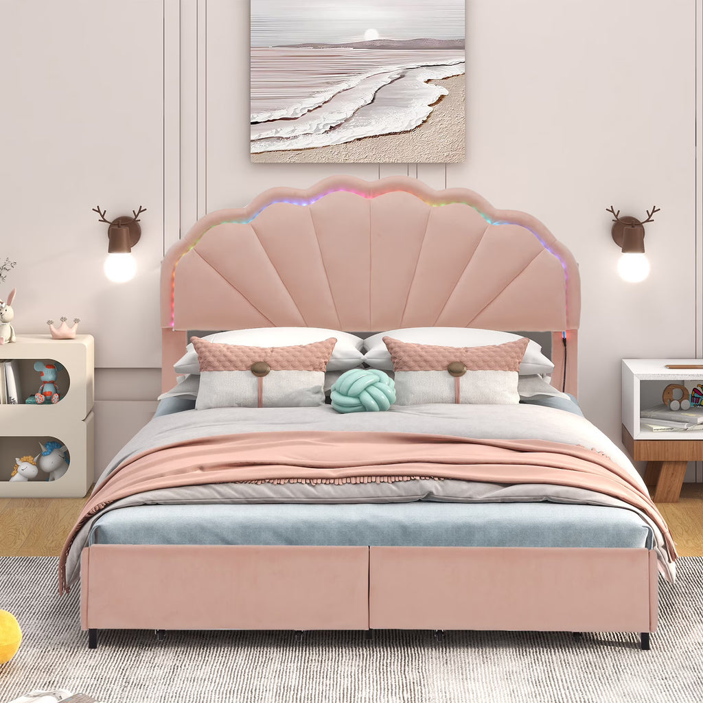 PORKISS Full Size LED Bed Frame with Drawers, Velvet Upholstered Bed, Princess Platform Bed with Chic Double Petal Headboard for Adults Teens, Pink