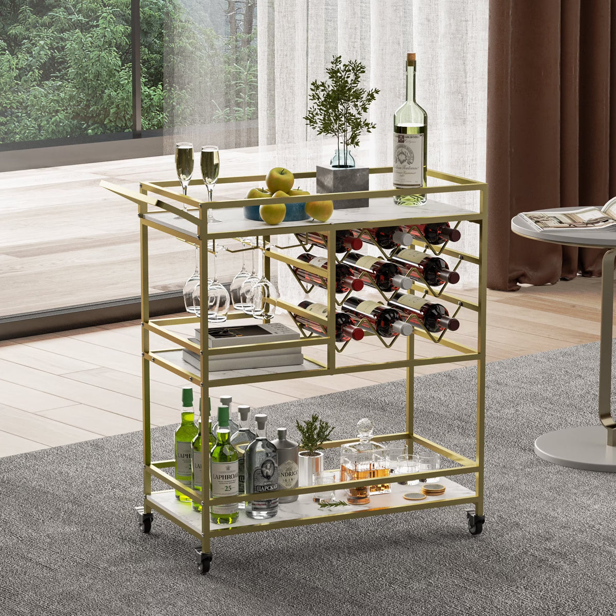 WHIFEA 3-Tier Home Bar Cart with Wine Rack, Mobile Serving Wine Cart on Wheels, Modern Rolling Drink Trolley for Coffee Tea Wine, Beverage Bar Table for Home Kitchen Party, Black