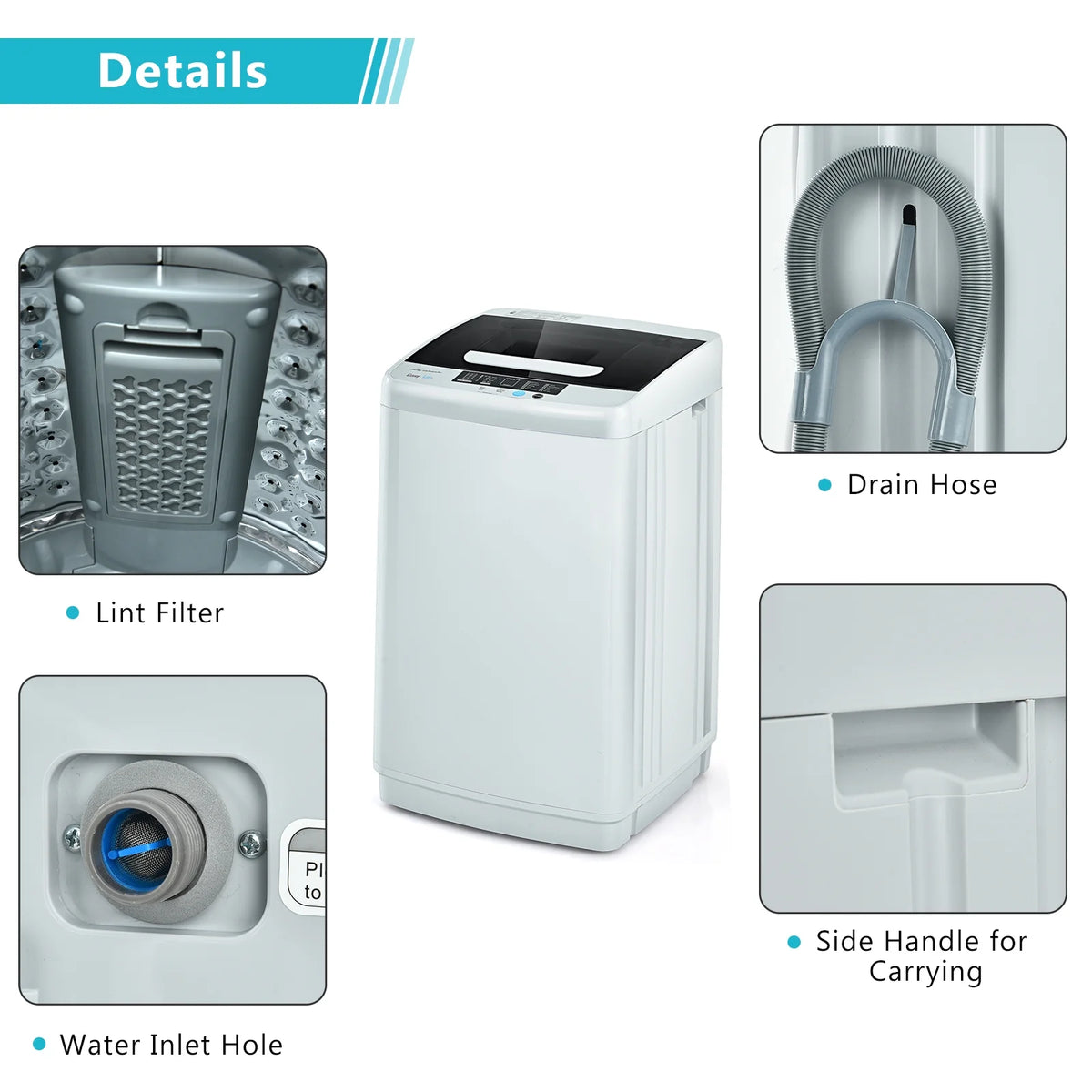 Costway Portable Full-Automatic Laundry Washing Machine 8.8lbs Spin Washer W/ Drain Pump