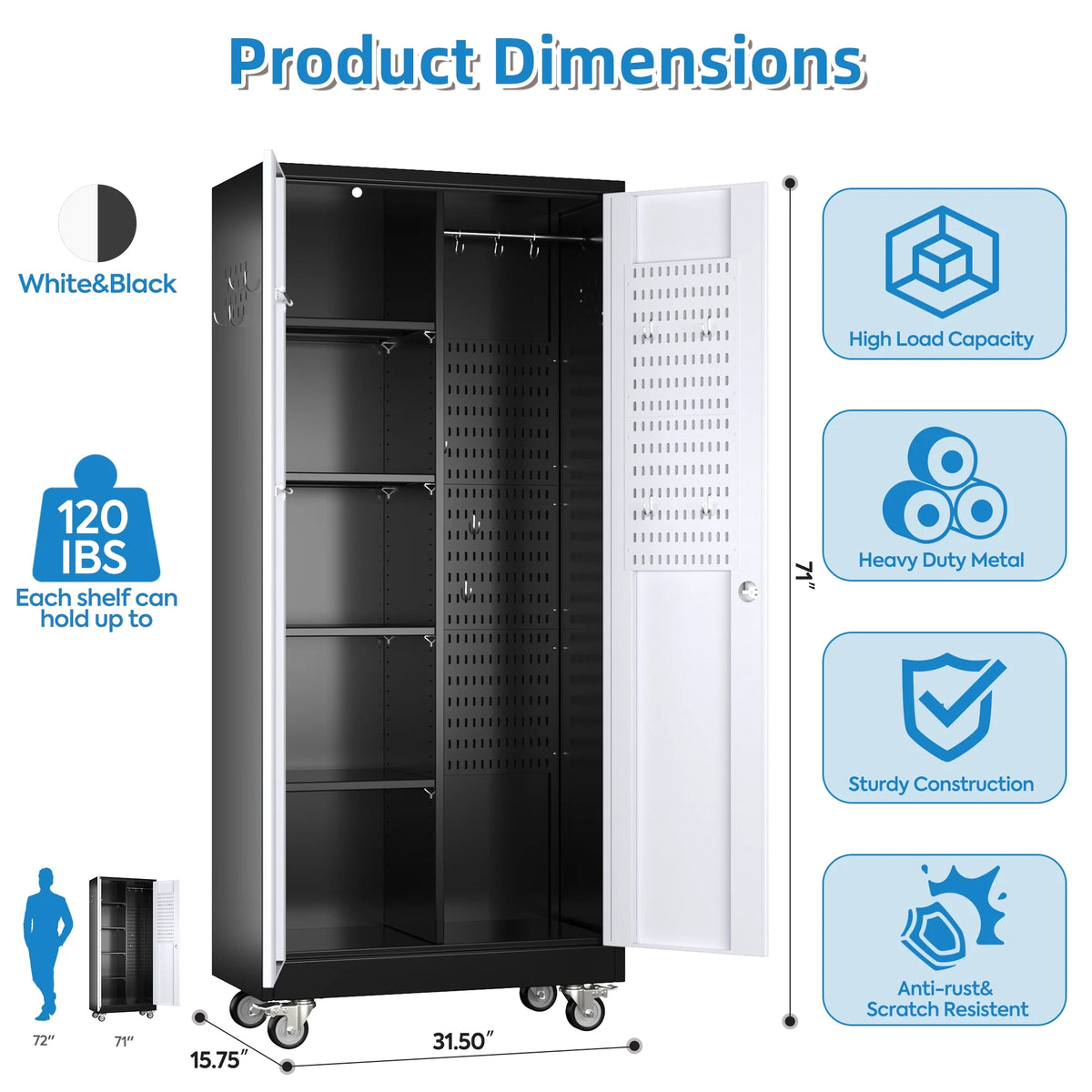 GangMei 71 Inches Tall Metal Garage Storage Cabinets with 5 Adjustable Shelves & Pegboards, Lockable Steel Black Storage Cabinet with Doors for Office, Home, School, Shops, Garage, Assembly required