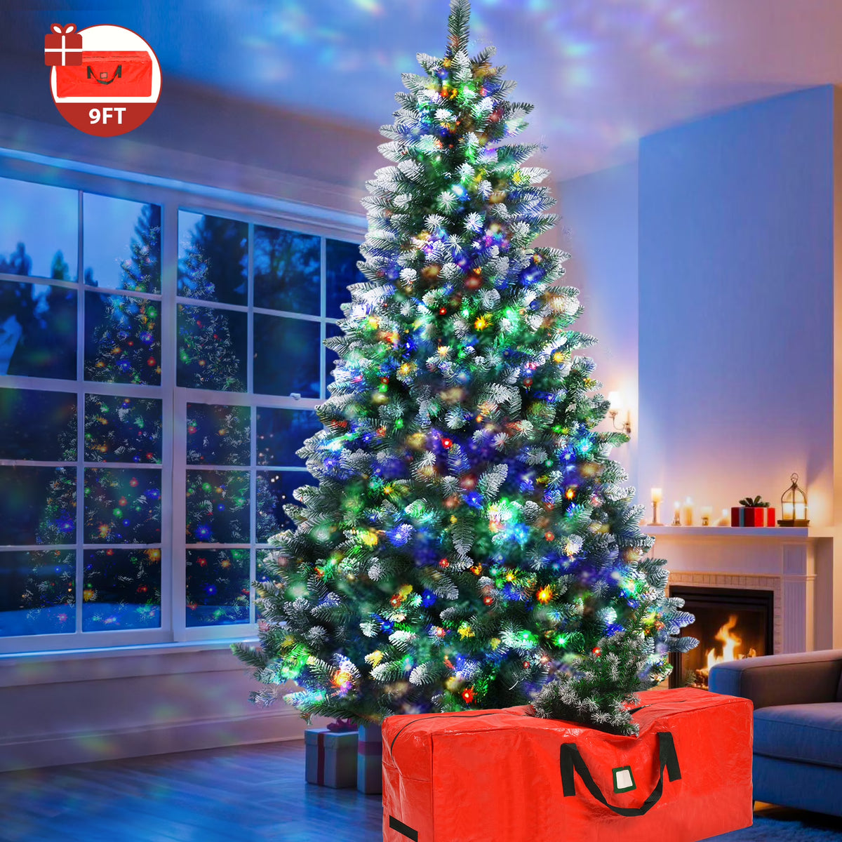 Yexmas 9ft Pre-Lit Green Christmas Tree, 11 Modes Colored LED Lights, Artificial Xmas Tree with Large Storage Bag