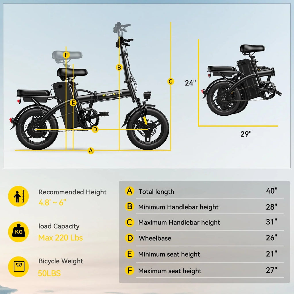 Sohamo Electric Bike 36V 10Ah Folding E-Bike, 400W Motor, 20mph, 3 Levels Assist, Mini E-bike for Teens and Adults