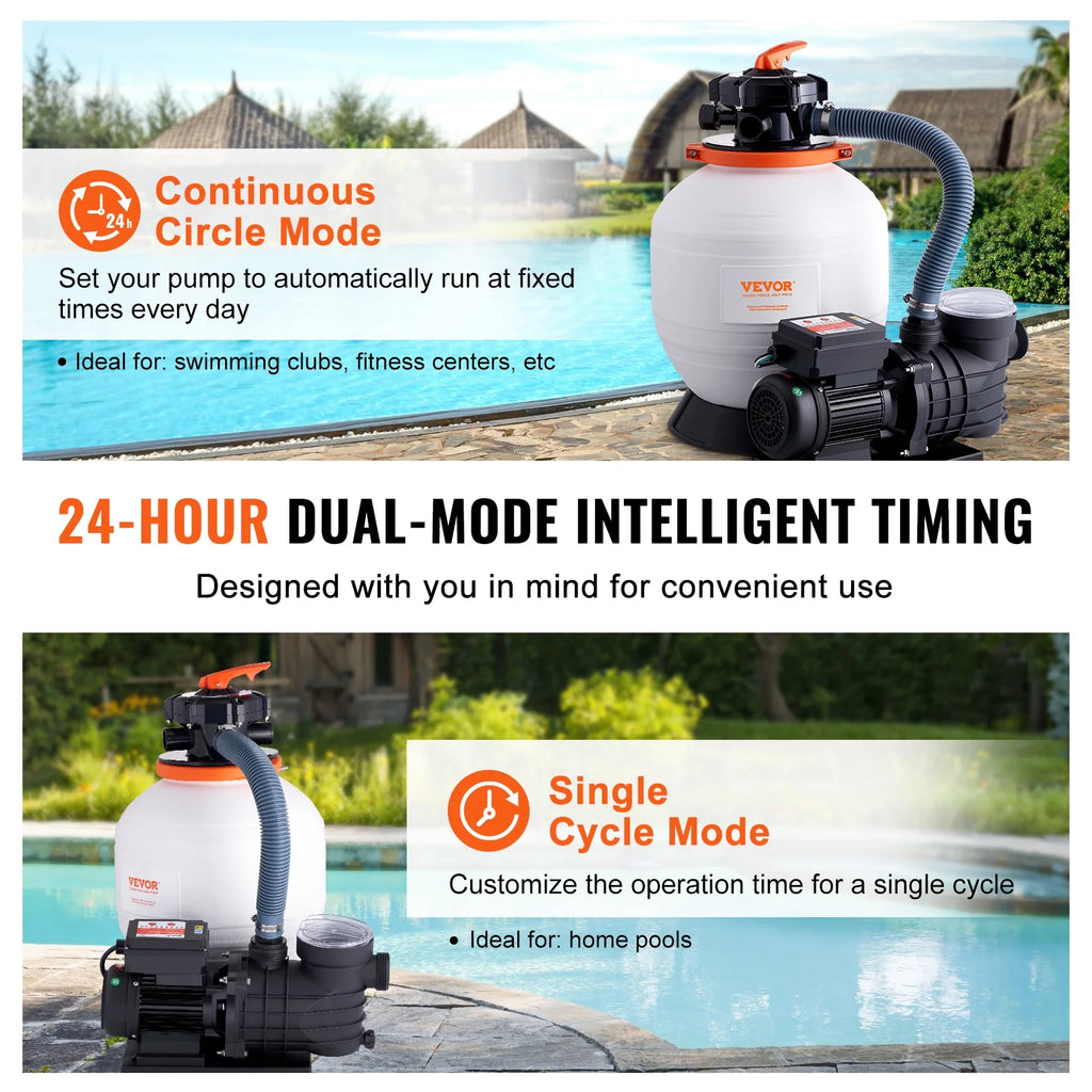 VEVOR Sand Filter Pump for Above Ground Pools,14-inch, 3000 GPH, 3/4 HP Swimming Pool Pumps System & Filters Combo Set with 6-Way Multi-Port Valve & Strainer Basket,for Domestic and Commercial Pools