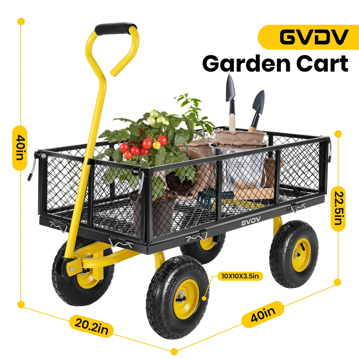 GVDV Heavy Duty Steel Garden Cart with Liner, 660lbs Capacity, 3 Cu ft, 10" All-Terrain Wheels, Black/Yellow Durable Utility Cart for Yard Work, Hauling, and Outdoor Use