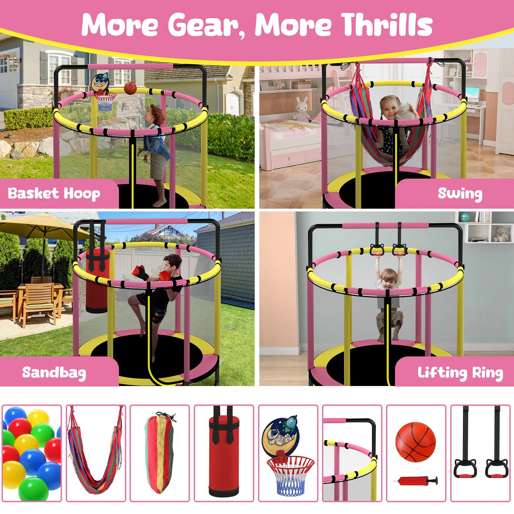 Mini Round Trampoline for Kids with Basketball Hoop, SEGMART 55'' Indoor Outdoor Toddler Trampoline with Enclosure Net, Swing, Sandbag, Ring, Ocean Balls, Small Trampoline Gift for Boys Girls, Blue