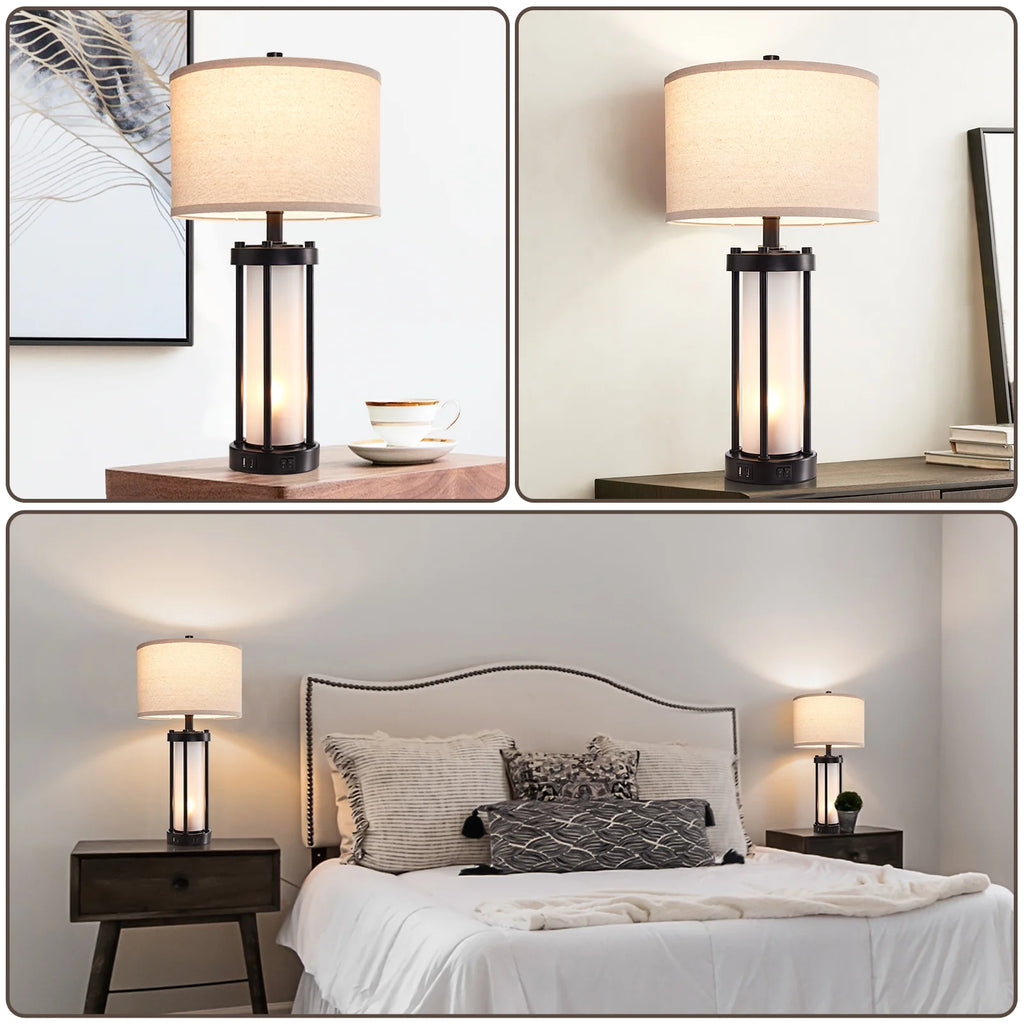RORIA 24 Modern Living Room Table Lamp 2-Piece Set with 2 USB Charging Ports, Built-in White Frosted Glass with Night Light, Black Vintage Rustic Farmhouse Lamp for Bedroom Nightstand Lamps