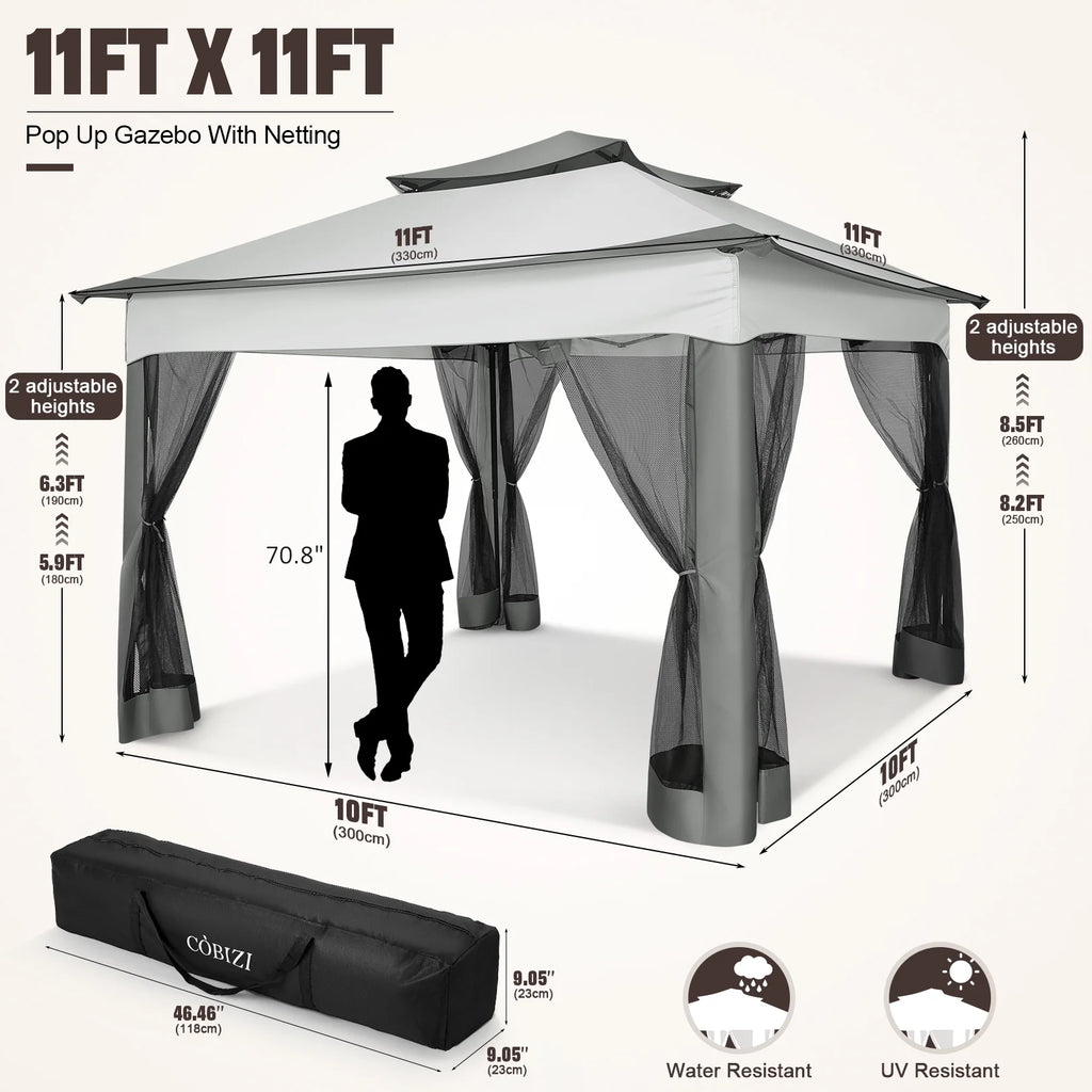 HOTEEL 11x11 Outdoor Waterproof Gazebo, Pop up Canopy Gazebo with Mosquito Netting & UV Protection for Parties, Camping, Weddings, and Backyard Events, Gray