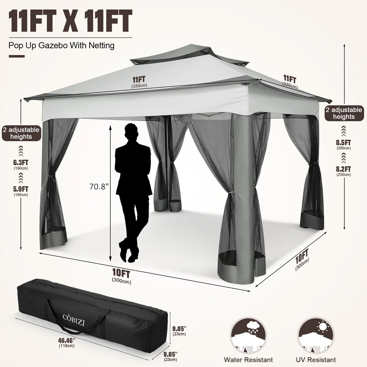HOTEEL 11x11 Outdoor Waterproof Gazebo, Pop up Canopy Gazebo with Mosquito Netting & UV Protection for Parties, Camping, Weddings, and Backyard Events, Gray