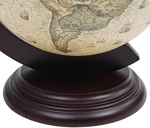 Green & Brown Tabletop Globe Wine Stand - Eucalyptus Wood with Antique Replica Frescoes and 16th  Nautical Maps - Assembly Required