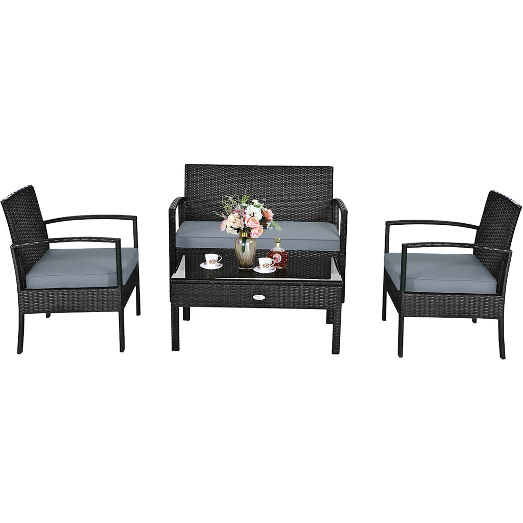 Costway 4PCS Patio Rattan Wicker Furniture Set Loveseat Sofa Cushioned Garden Yard Brown