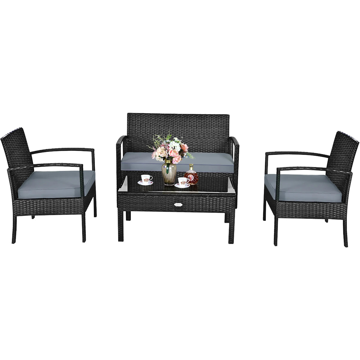 Costway 4PCS Patio Rattan Wicker Furniture Set Loveseat Sofa Cushioned Garden Yard Brown