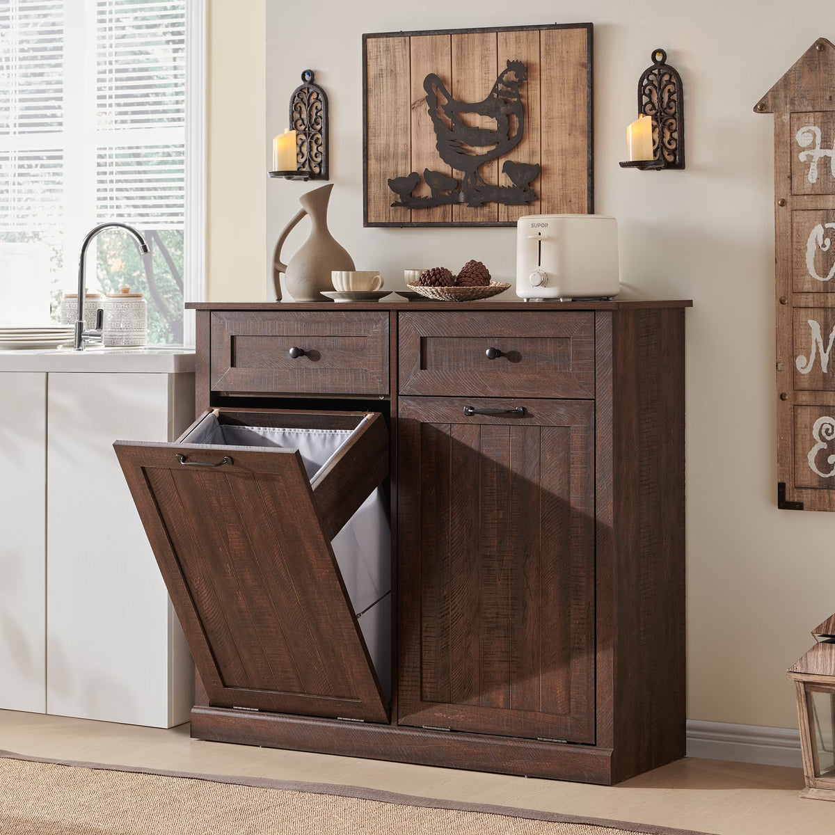SinCiDo Kitchen Double Tilt Out Trash Can Cabinet, 20 Gallon Farmhouse Wooden Trash Garbage Can with Drawer