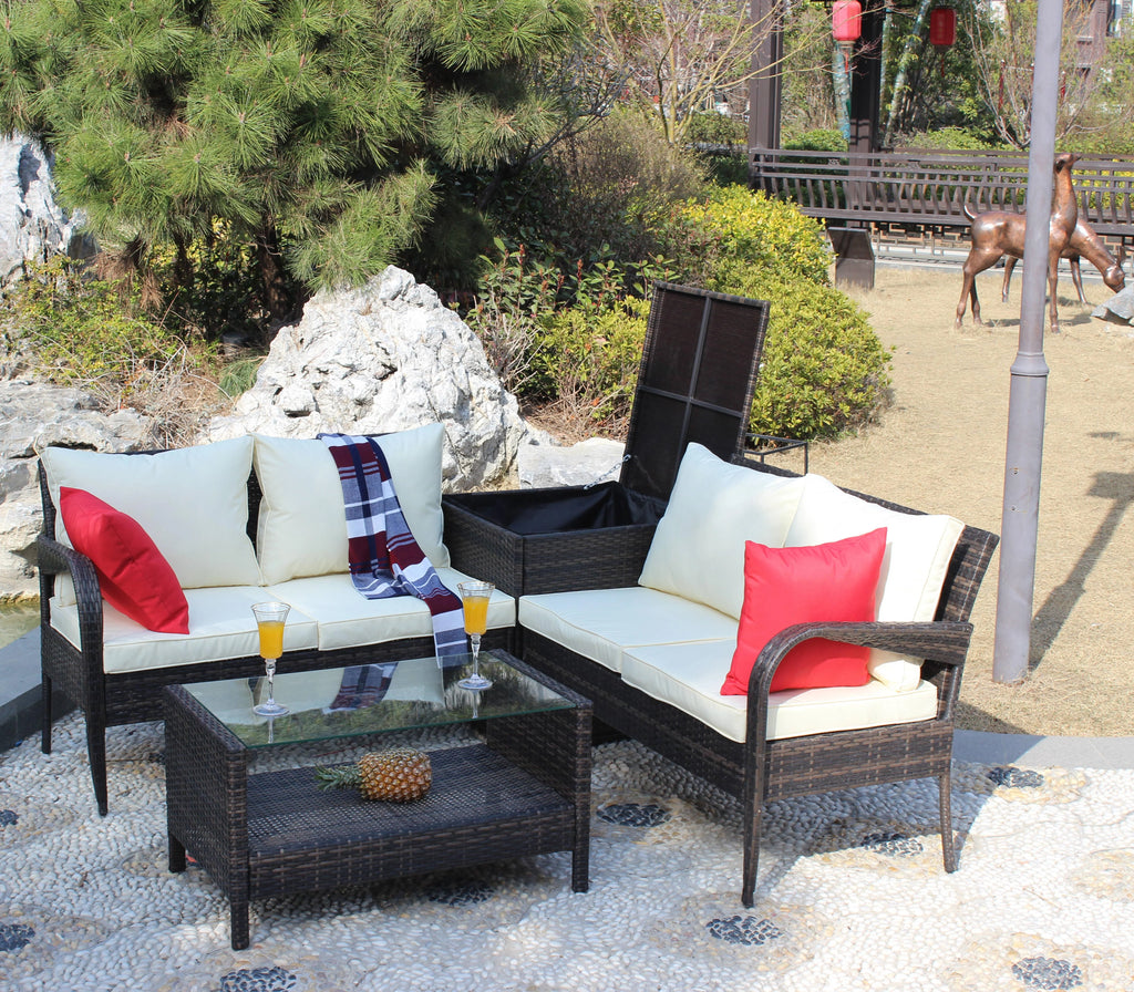 SEGMART 4 Piece Patio Furniture Set, All-Weather Outdoor Sectional Sofa Set, PE Rattan Conversation Set with Storage Box, Table & Cushions, Wicker Furniture Couch Set for Patio Deck Garden